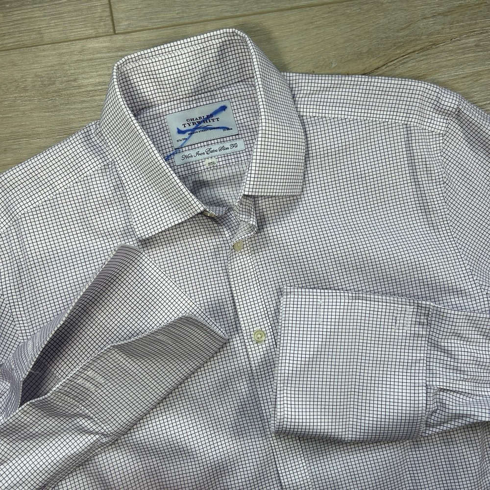 Charles Tyrwhitt Dress 15.5/34 Purple Check Non-Iron Extra Slim Fit French Cuffs - Picture 1 of 8